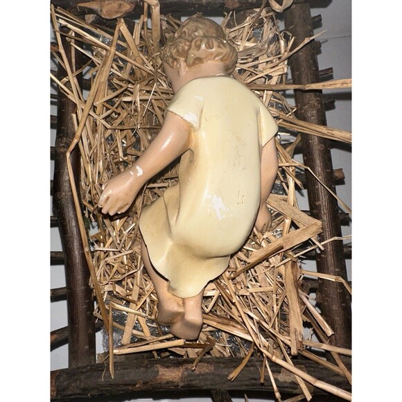 Antique Infant Jesus 1900s Real Wood Manger Nativity Baby Religious Decor - Picture 11 of 16